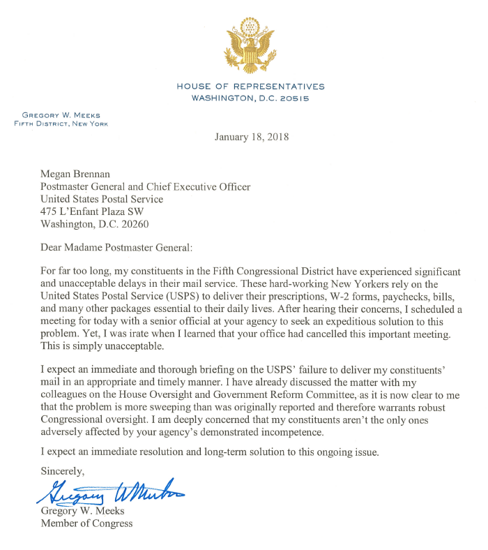 Rep. Meeks Letter to USPS about Service Delays