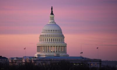 The United States capitol dome at dawn